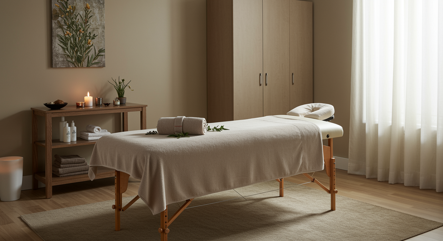 Tranquil energy healing room with massage table and natural decor at a Reiki therapy center