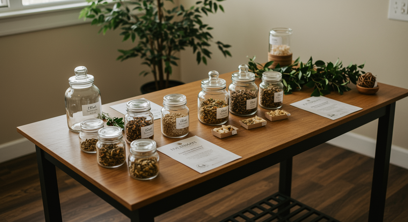 herbal consultation space with well-organized herbs and calming natural decor for a Reiki therapy clinic