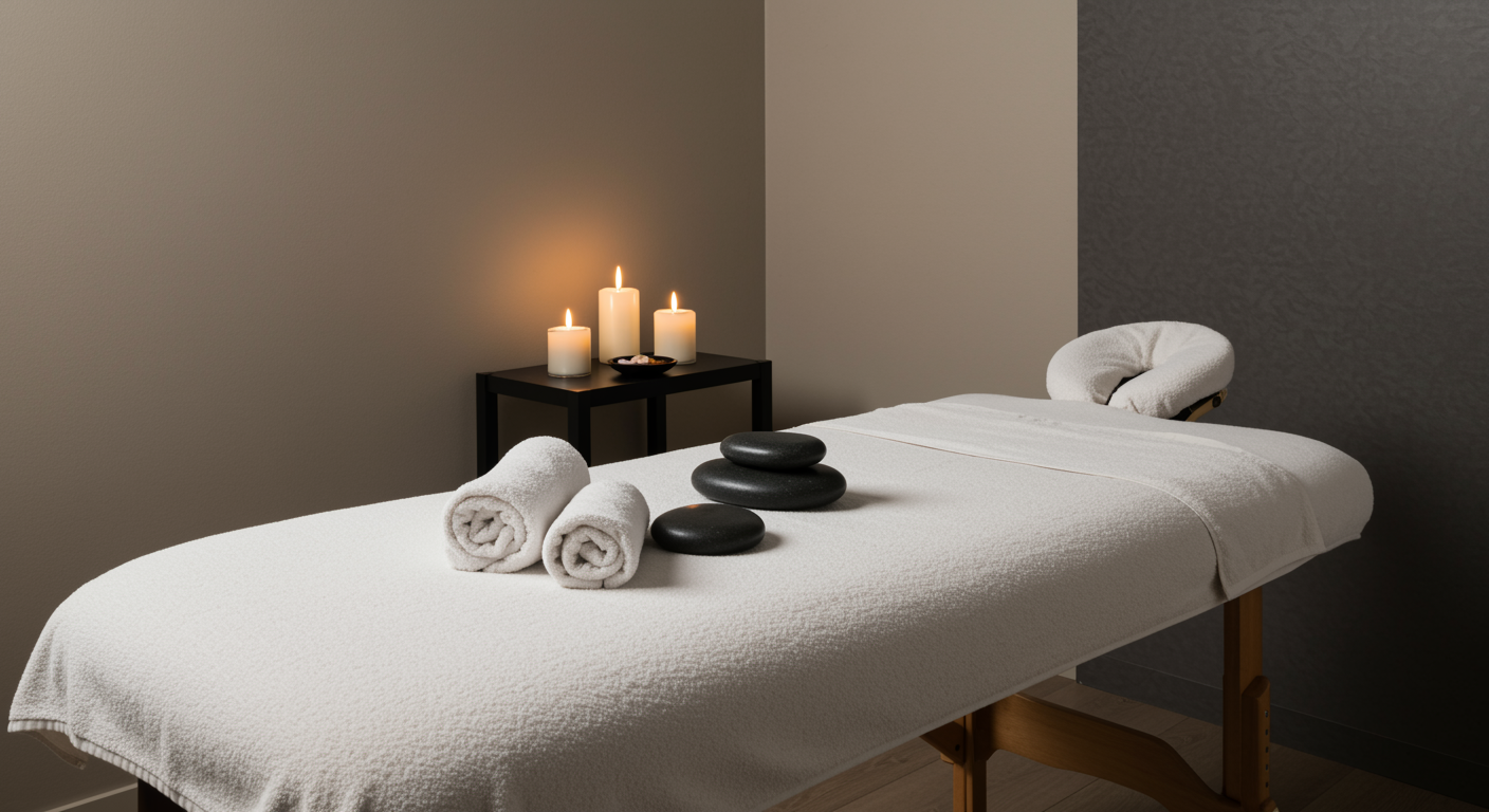 Hot stone massage setup in a tranquil spa room with arranged stones on a massage table, calming colors, and peaceful atmosphere for Reiki therapy