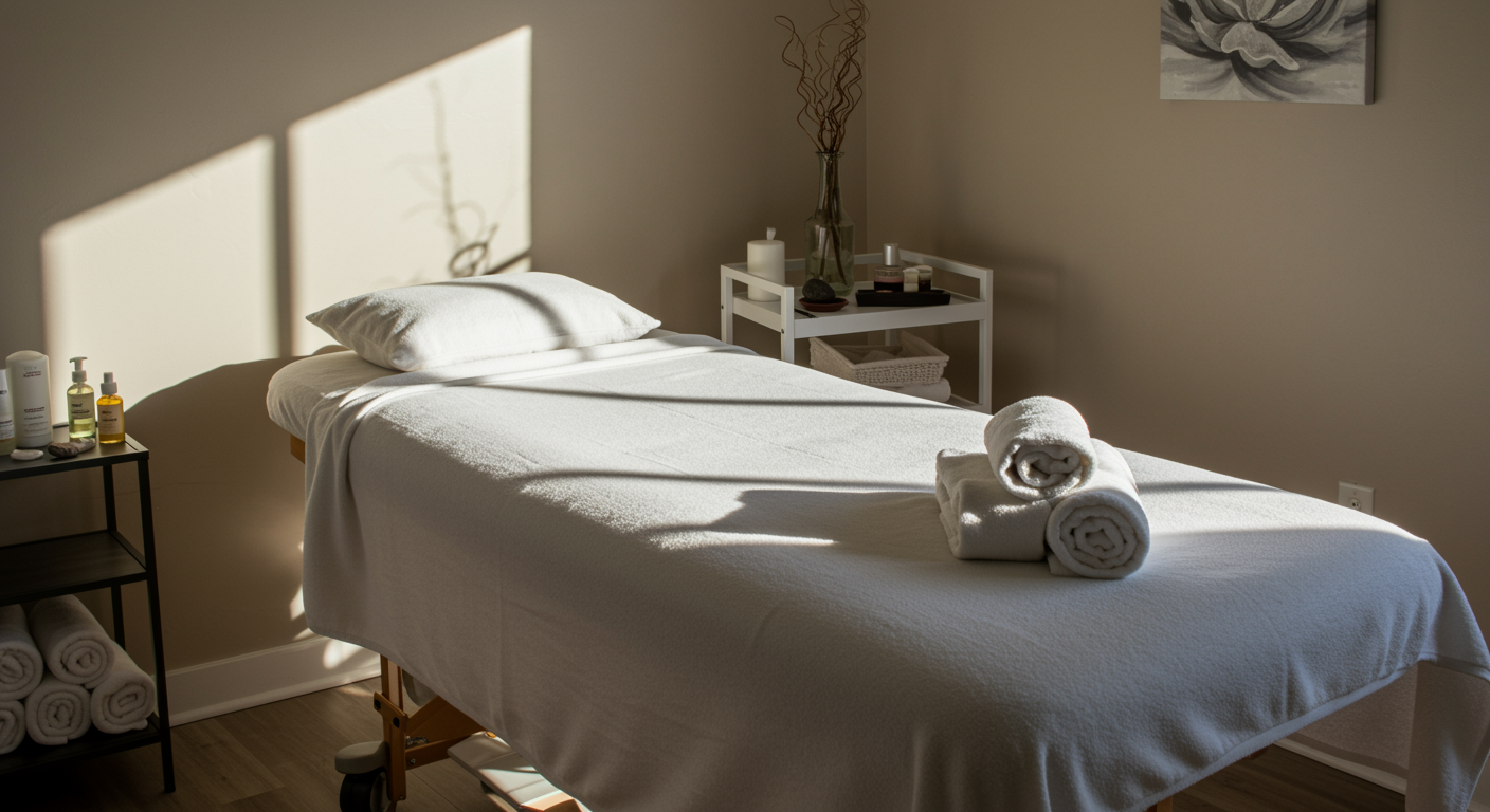 Calm reiki therapy room with treatment table, soft white linens, and natural stones, perfect for energy healing and relaxation