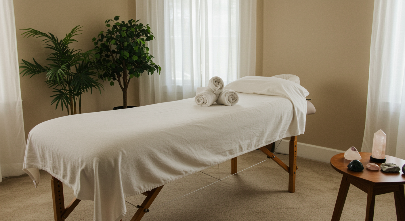 Tranquil Reiki therapy room with a massage table, calming natural light, and healing crystals for stress relief therapy